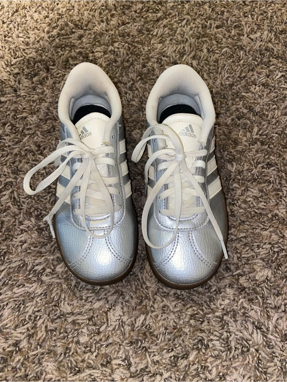 adidas Metallic Silver Trainers with White Stripes
